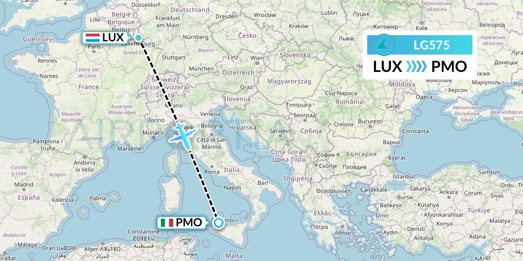 LG575 Luxair Flight Map: Luxembourg to Palermo