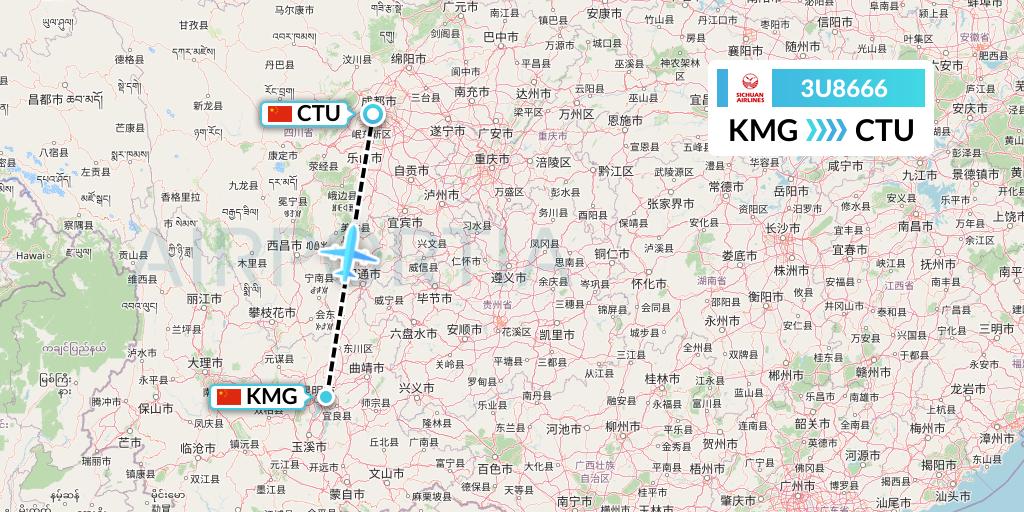 3U8666 Sichuan Airlines Flight Map: Kunming to Chengdu