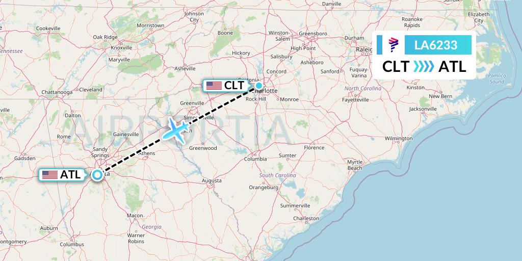 LA6233 LAN Airlines Flight Map: Charlotte to Atlanta