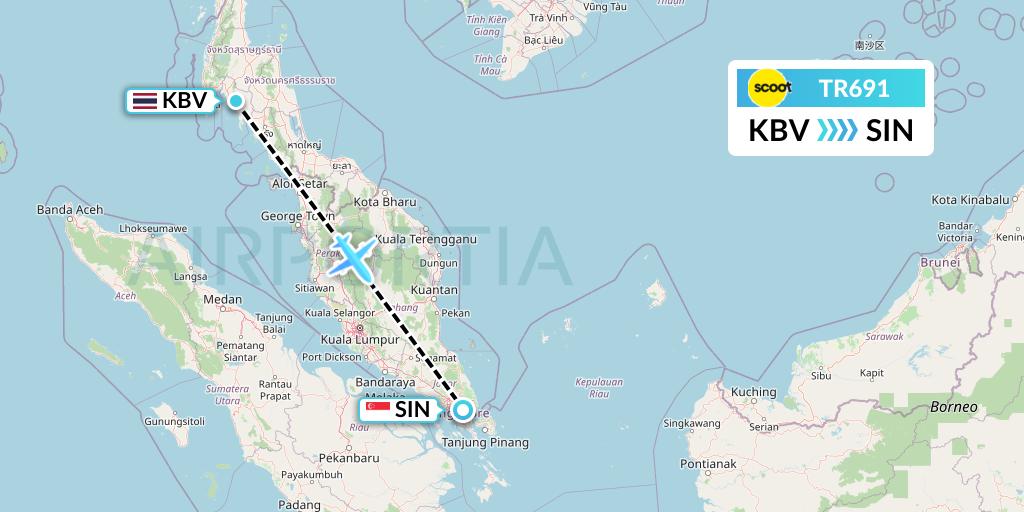 TR691 Tigerair Flight Map: Krabi to Singapore