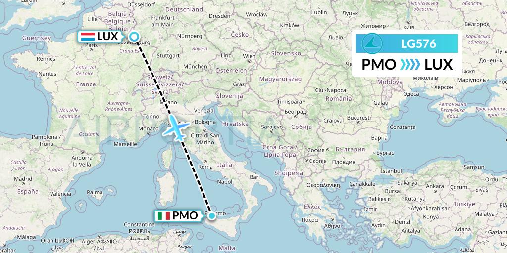LG576 Luxair Flight Map: Palermo to Luxembourg