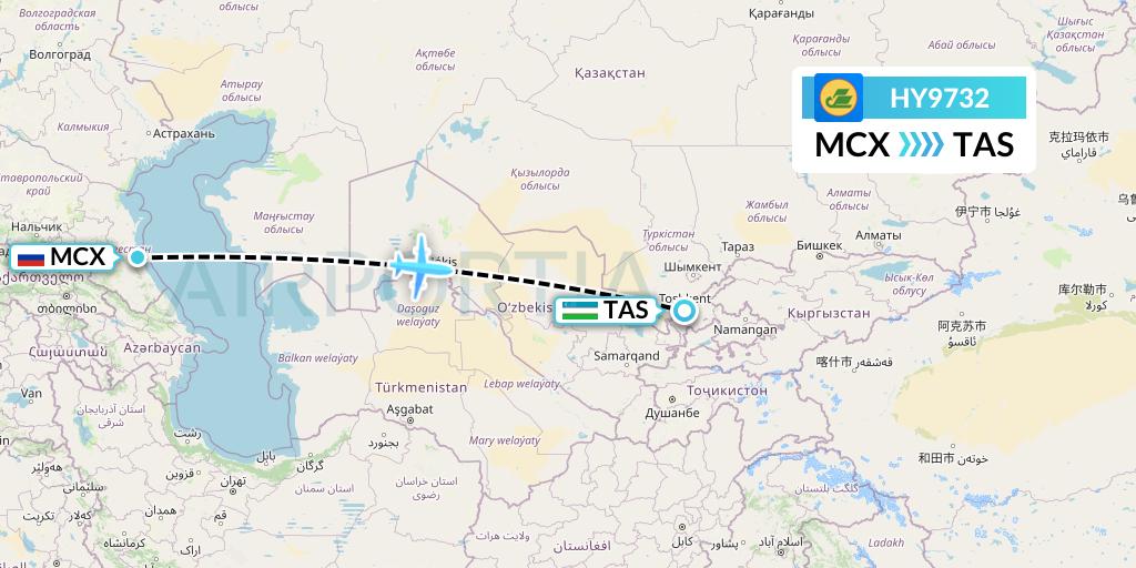 HY9732 Uzbekistan Airways Flight Map: Makhachkala to Tashkent