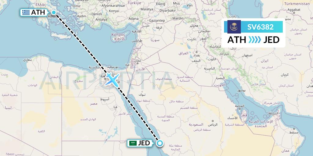 SV6382 Saudi Arabian Airlines Flight Map: Athens to Jeddah