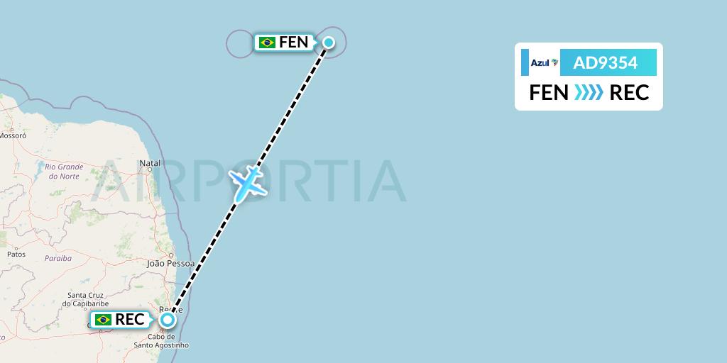 AD9354 Azul Brazilian Airlines Flight Map: Fernando De Noronha to Recife