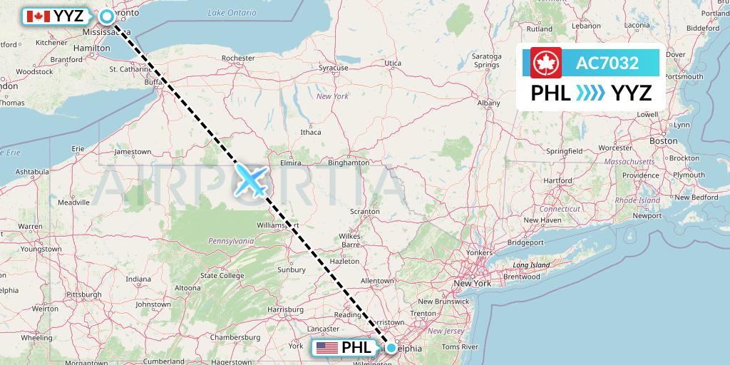 AC7032 Air Canada Flight Map: Philadelphia to Toronto