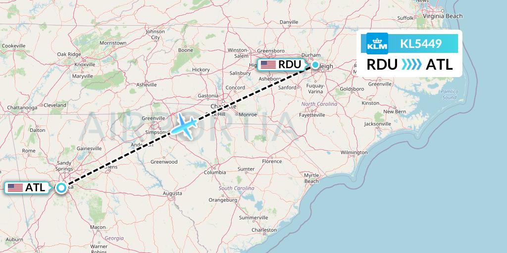KL5449 KLM Flight Map: Raleigh-Durham to Atlanta