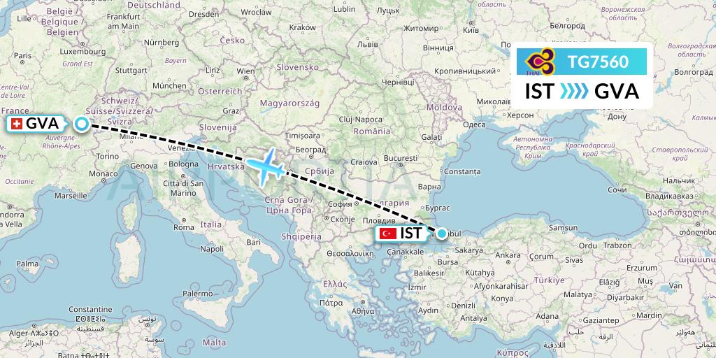 TG7560 Thai Airways Flight Map: Istanbul to Geneva