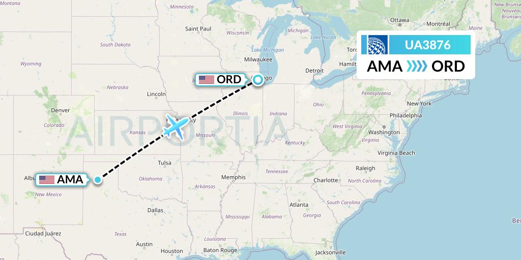 UA3876 United Airlines Flight Map: Amarillo to Chicago