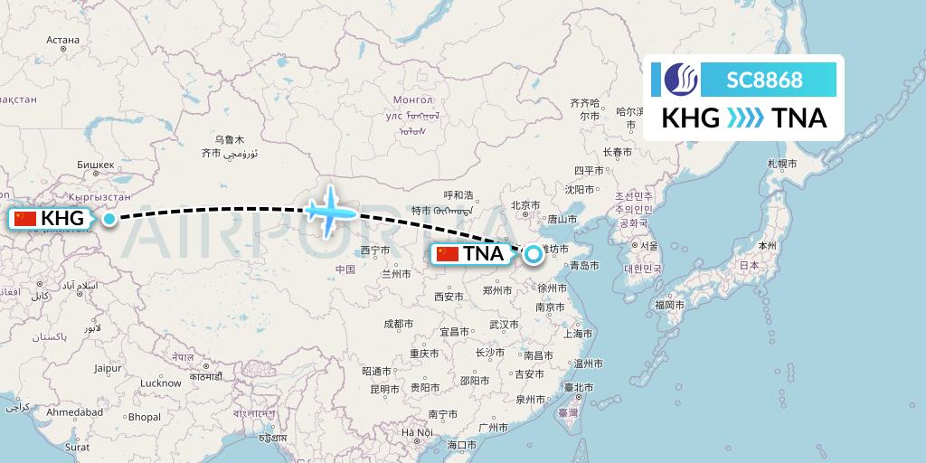 SC8868 Shandong Airlines Flight Map: Kashgar to Jinan