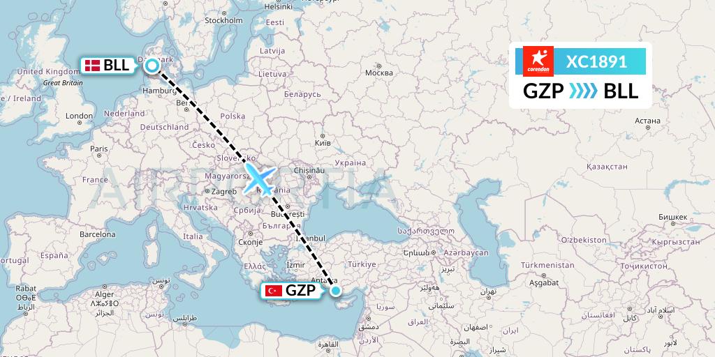 XC1891 Corendon Airlines Flight Map: Gazipasa to Billund