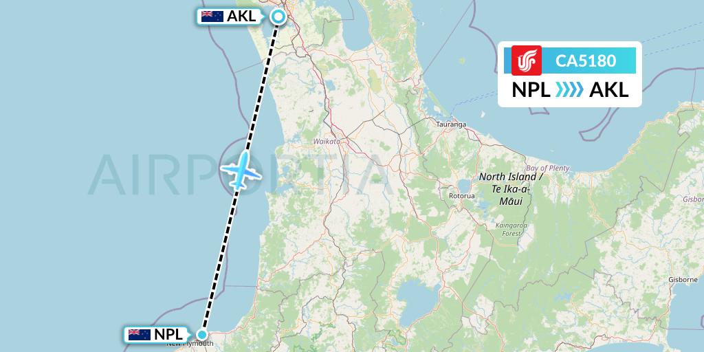 CA5180 Air China Flight Map: New Plymouth to Auckland