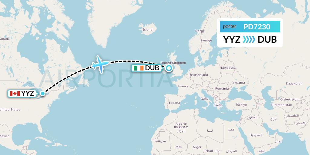 PD7230 Porter Airlines Flight Map: Toronto to Dublin