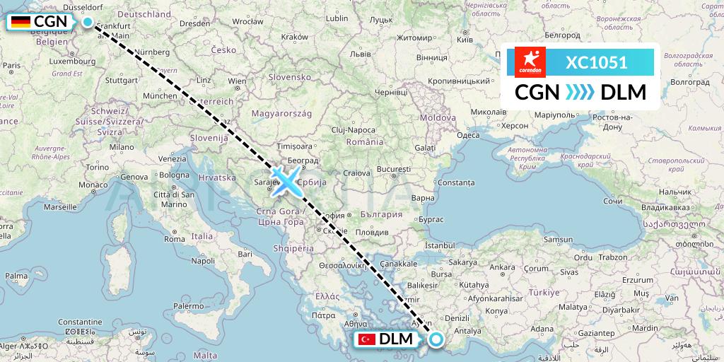 XC1051 Corendon Airlines Flight Map: Cologne to Dalaman