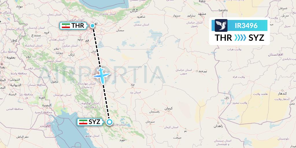 IR3496 Iran Air Flight Map: Tehran to Shiraz