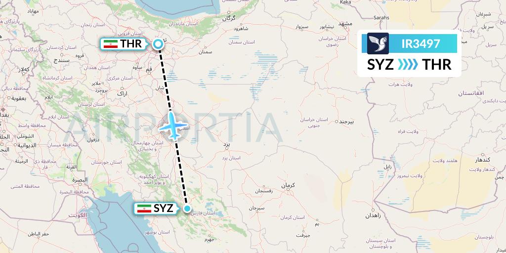 IR3497 Iran Air Flight Map: Shiraz to Tehran