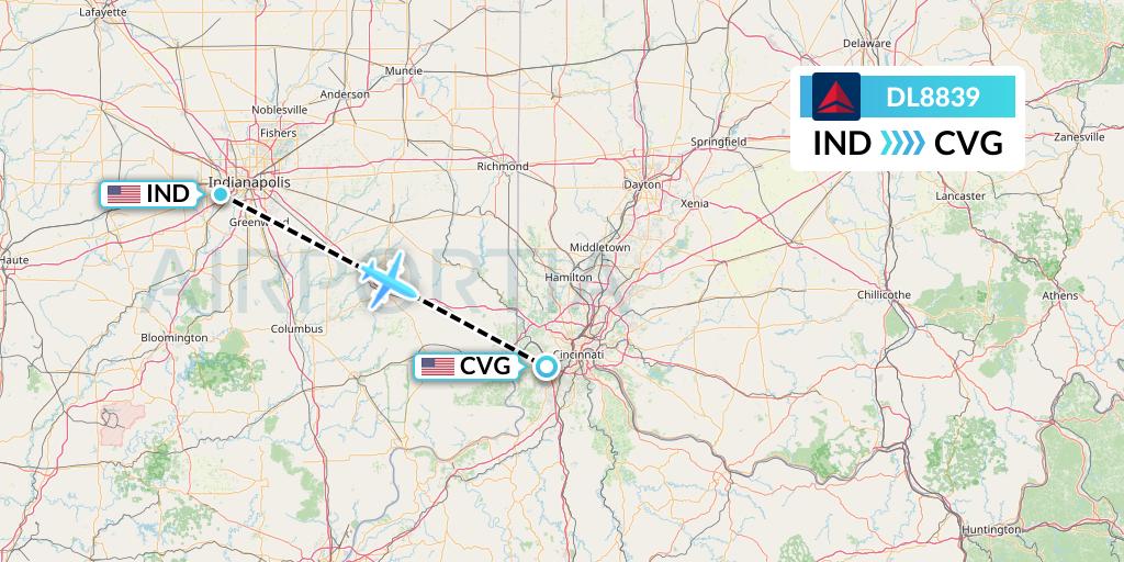 DL8839 Delta Air Lines Flight Map: Indianapolis to Cincinnati
