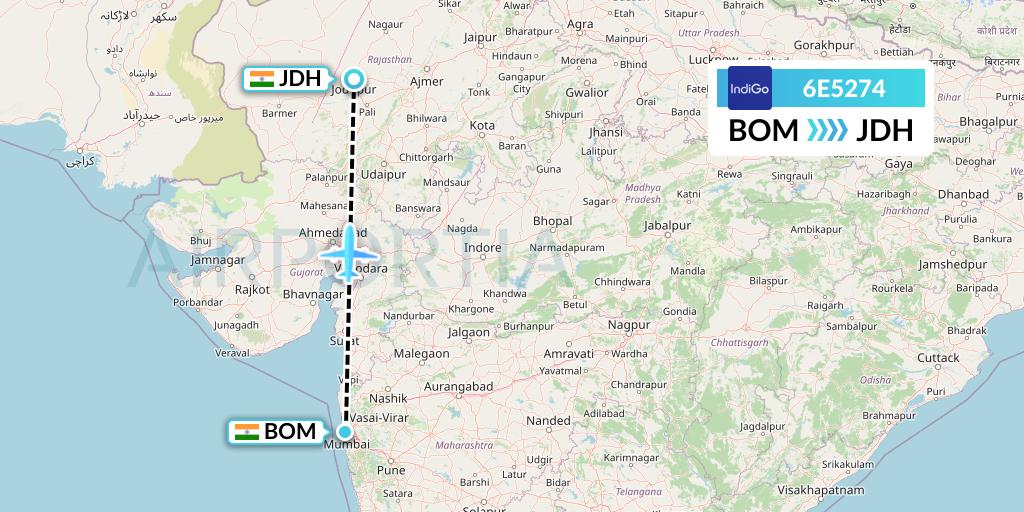 6E5274 IndiGo Airlines Flight Map: Mumbai to Jodhpur