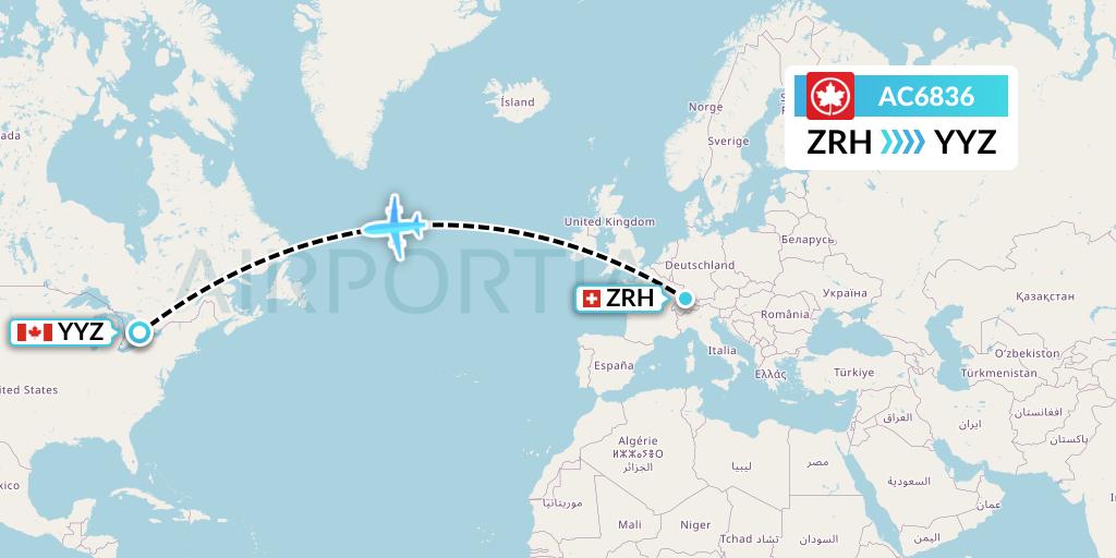AC6836 Air Canada Flight Map: Zurich to Toronto