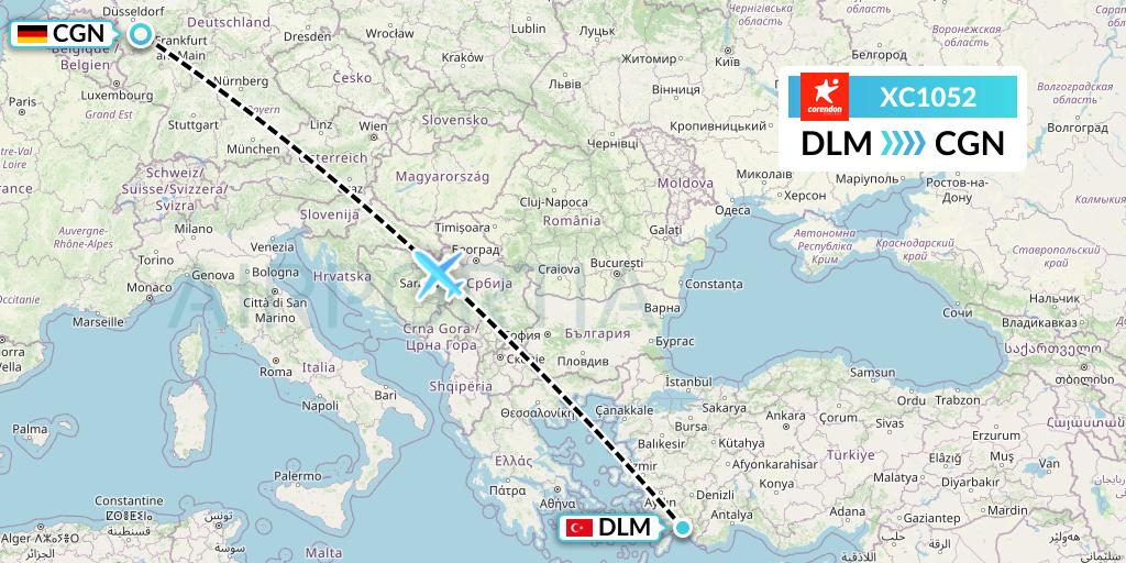XC1052 Corendon Airlines Flight Map: Dalaman to Cologne