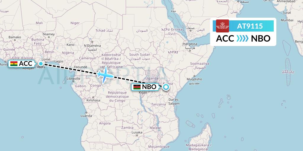 AT9115 Royal Air Maroc Flight Map: Accra to Nairobi