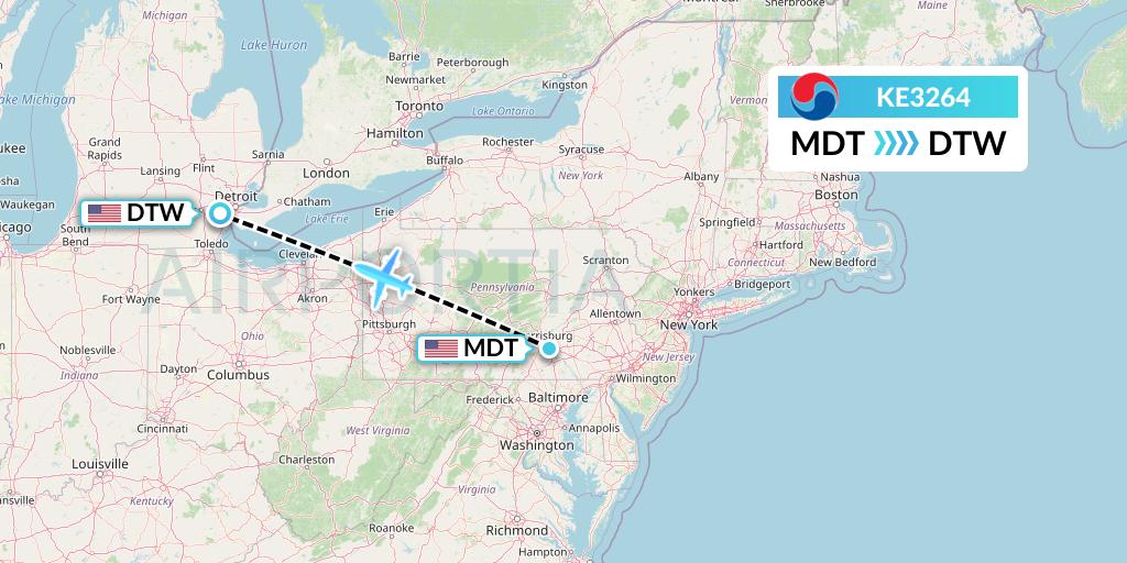 KE3264 Korean Air Flight Map: Harrisburg to Detroit