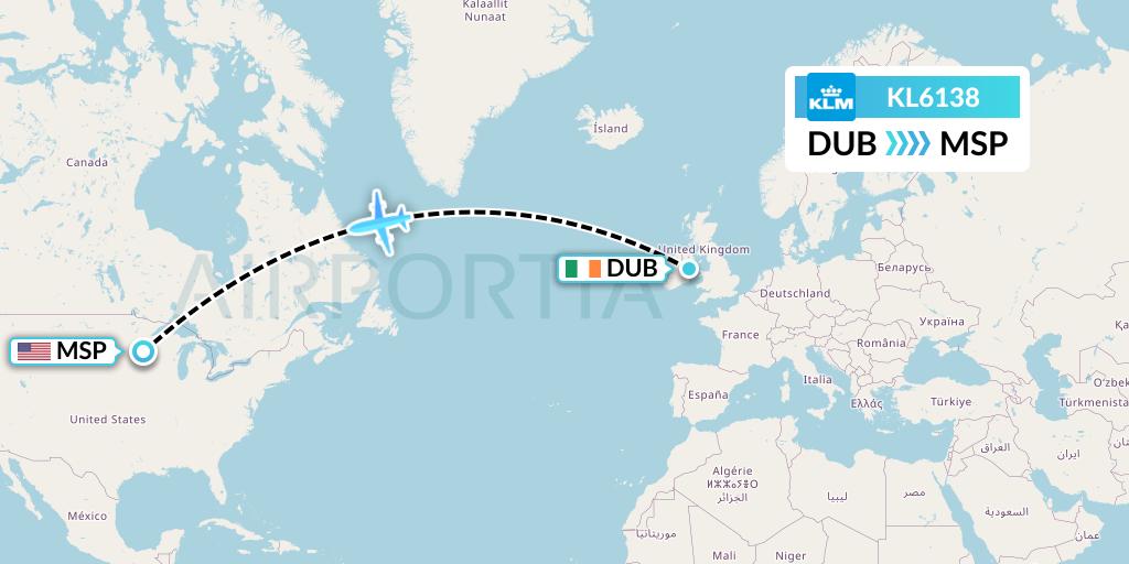 KL6138 KLM Flight Map: Dublin to Minneapolis