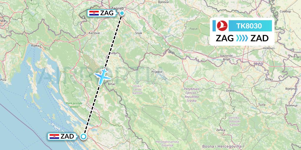 TK8030 Turkish Airlines Flight Map: Zagreb to Zadar