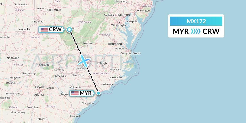 MX172 Breeze Airways Flight Map: Myrtle Beach to Charleston