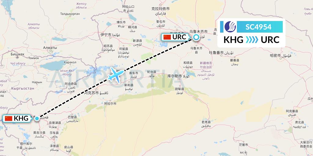SC4954 Shandong Airlines Flight Map: Kashgar to Urumqi
