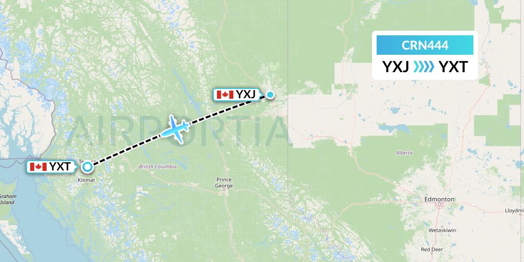 CRN444 Aerocaribbean Flight Map: Fort St. John to Terrace