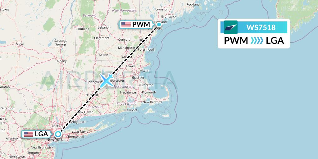 WS7518 WestJet Flight Map: Portland to New York