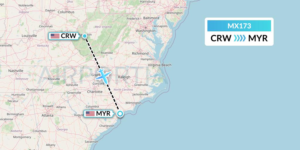 MX173 Breeze Airways Flight Map: Charleston to Myrtle Beach