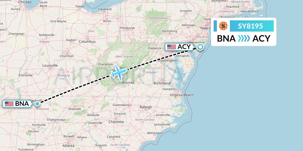 SY8195 Sun Country Airlines Flight Map: Nashville to Atlantic City