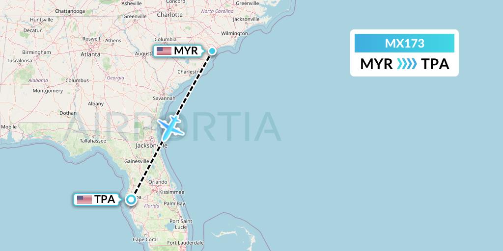 MX173 Breeze Airways Flight Map: Myrtle Beach to Tampa