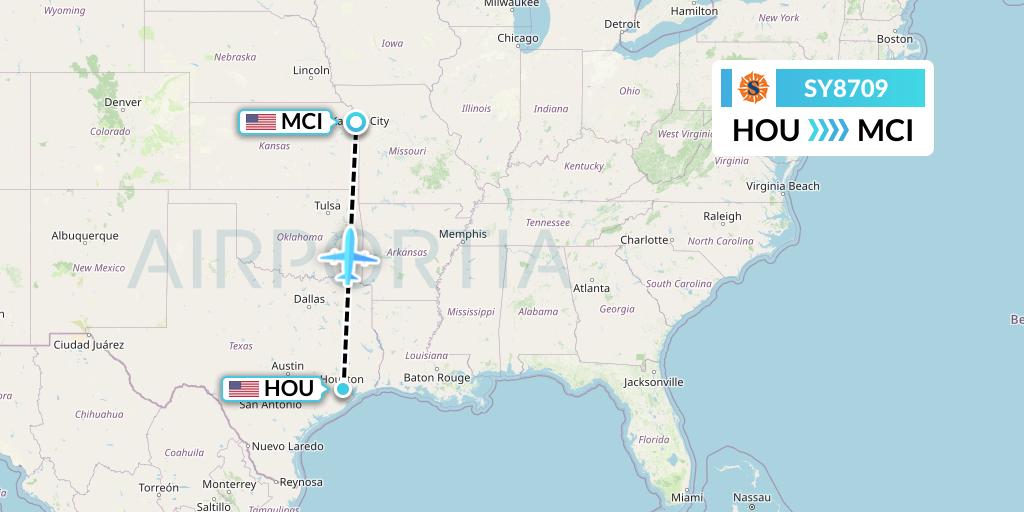 SY8709 Sun Country Airlines Flight Map: Houston to Kansas City