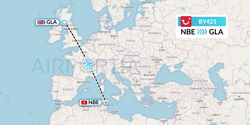 BY421 TUI Airways Flight Map: Enfidha to Glasgow
