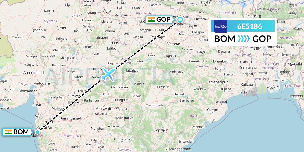 6E5186 IndiGo Airlines Flight Map: Mumbai to Gorakhpur