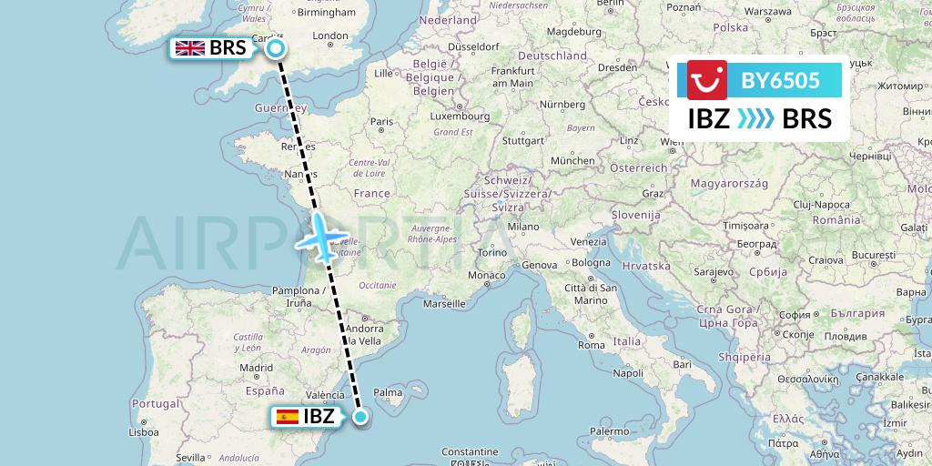 BY6505 TUI Airways Flight Map: Ibiza to Bristol