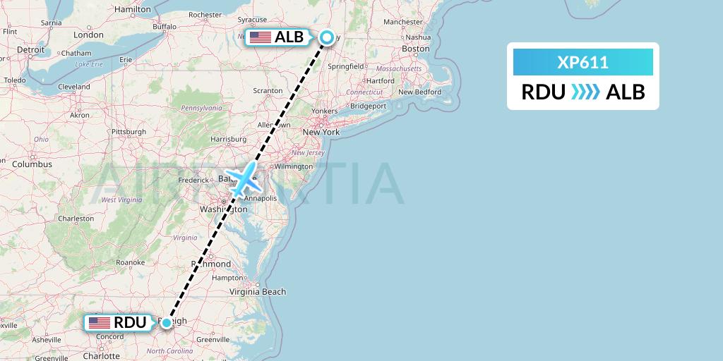 XP611 Avelo Airlines Flight Map: Raleigh-Durham to Albany