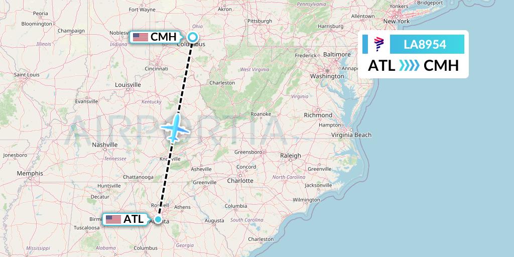 LA8954 LAN Airlines Flight Map: Atlanta to Columbus