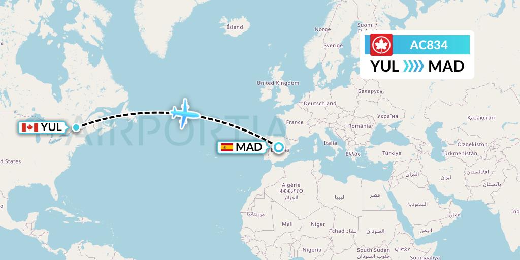 AC834 Air Canada Flight Map: Montreal to Madrid