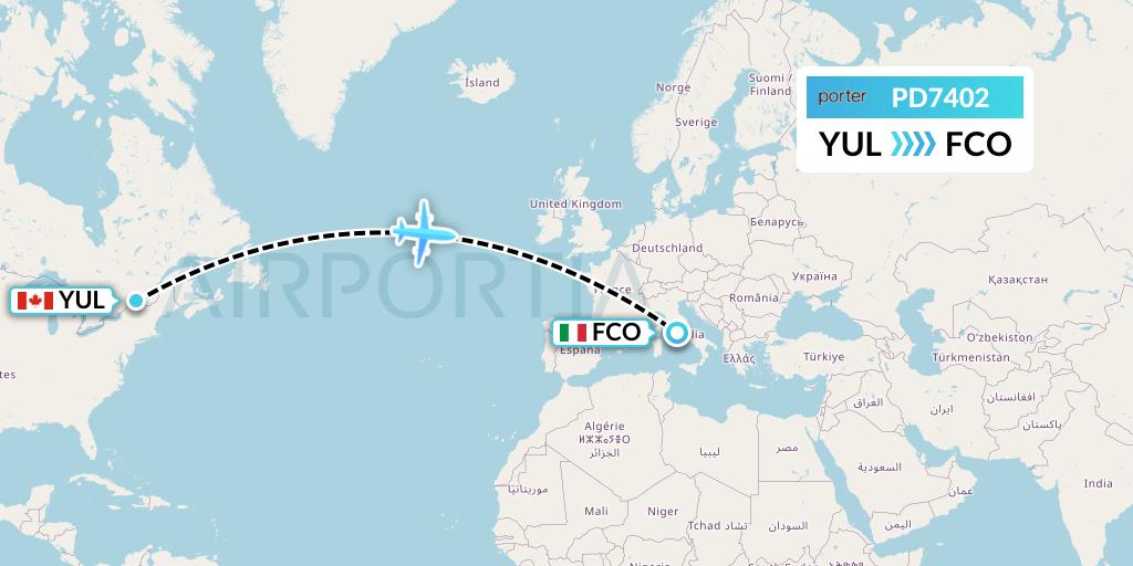 PD7402 Porter Airlines Flight Map: Montreal to Rome