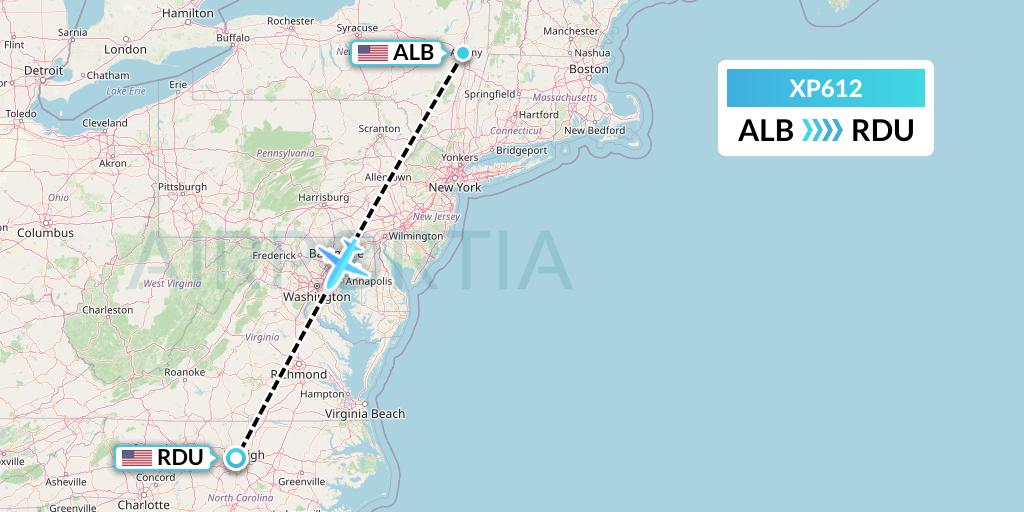 XP612 Avelo Airlines Flight Map: Albany to Raleigh-Durham
