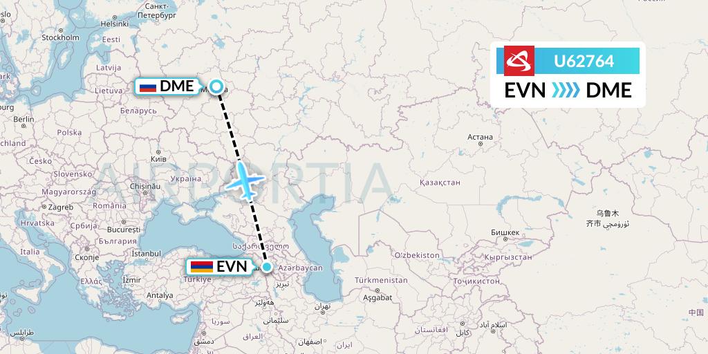 U62764 Ural Airlines Flight Map: Yerevan to Moscow