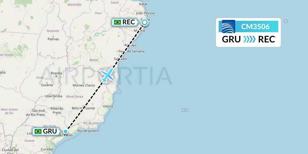 CM3506 Copa Airlines Flight Map: Sao Paulo to Recife