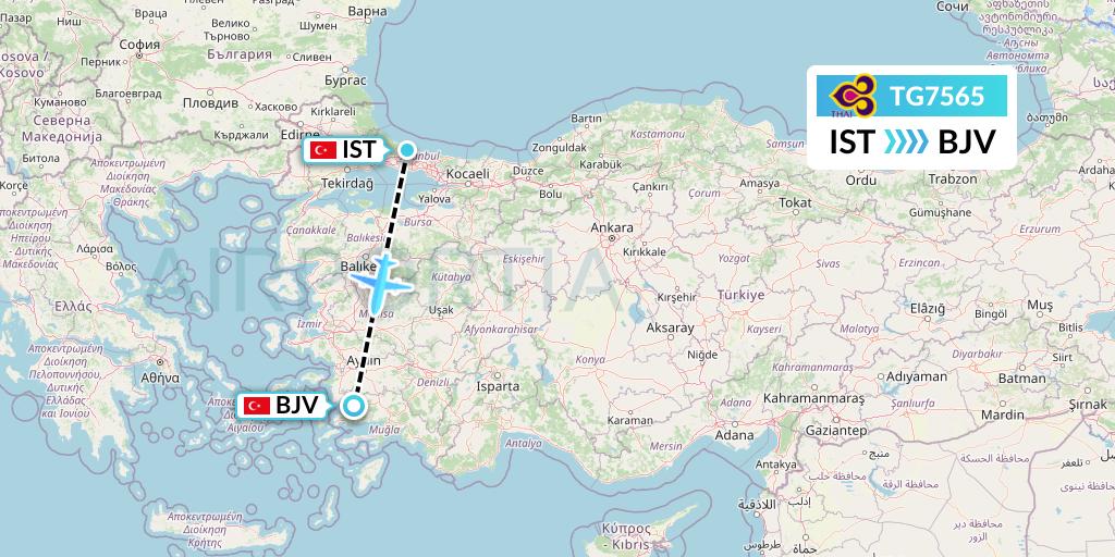 TG7565 Thai Airways Flight Map: Istanbul to Bodrum