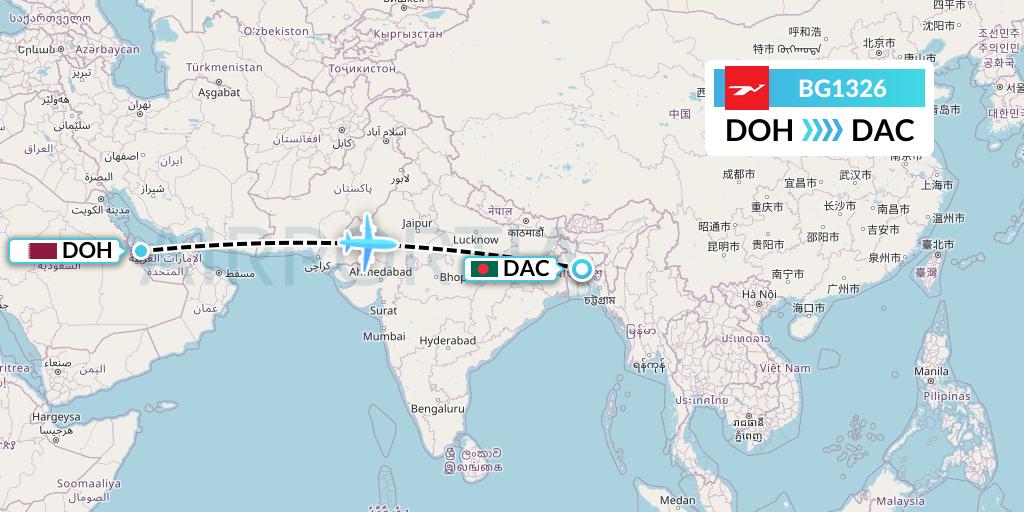 BG1326 Biman Bangladesh Airlines Flight Map: Doha to Dhaka