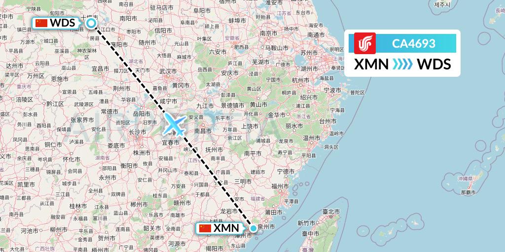 CA4693 Air China Flight Map: Xiamen to Shiyan