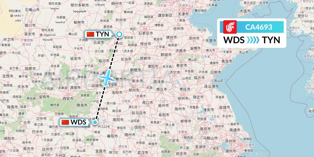 CA4693 Air China Flight Map: Shiyan to Taiyuan