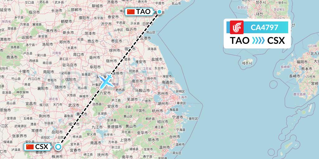 CA4797 Air China Flight Map: Qingdao to Changsha